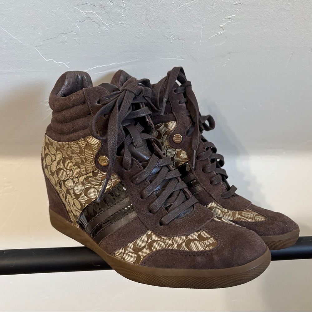 Coach Alara Brown Signature Canvas Wedge Sneakers